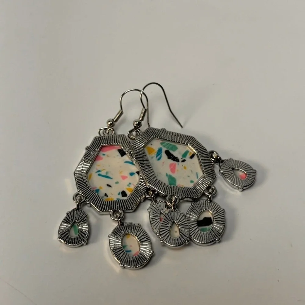 Earring Set Mauve Pink Tassel and Terrazzo Print Geometric‎ Drop Earrings